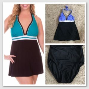 NEW Catalina Blue Black 1-pc Swimsuit Bathing Dress Sz Large L Modest Halter Top
